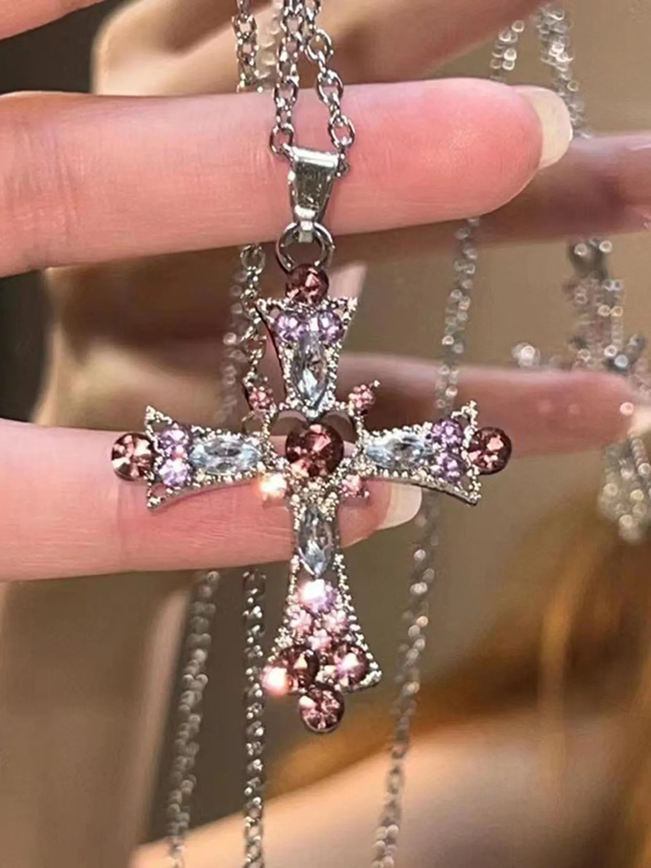 1pc Delicate Cross & Rhinestone Decor Pendant Necklace Religious Necklace Faith