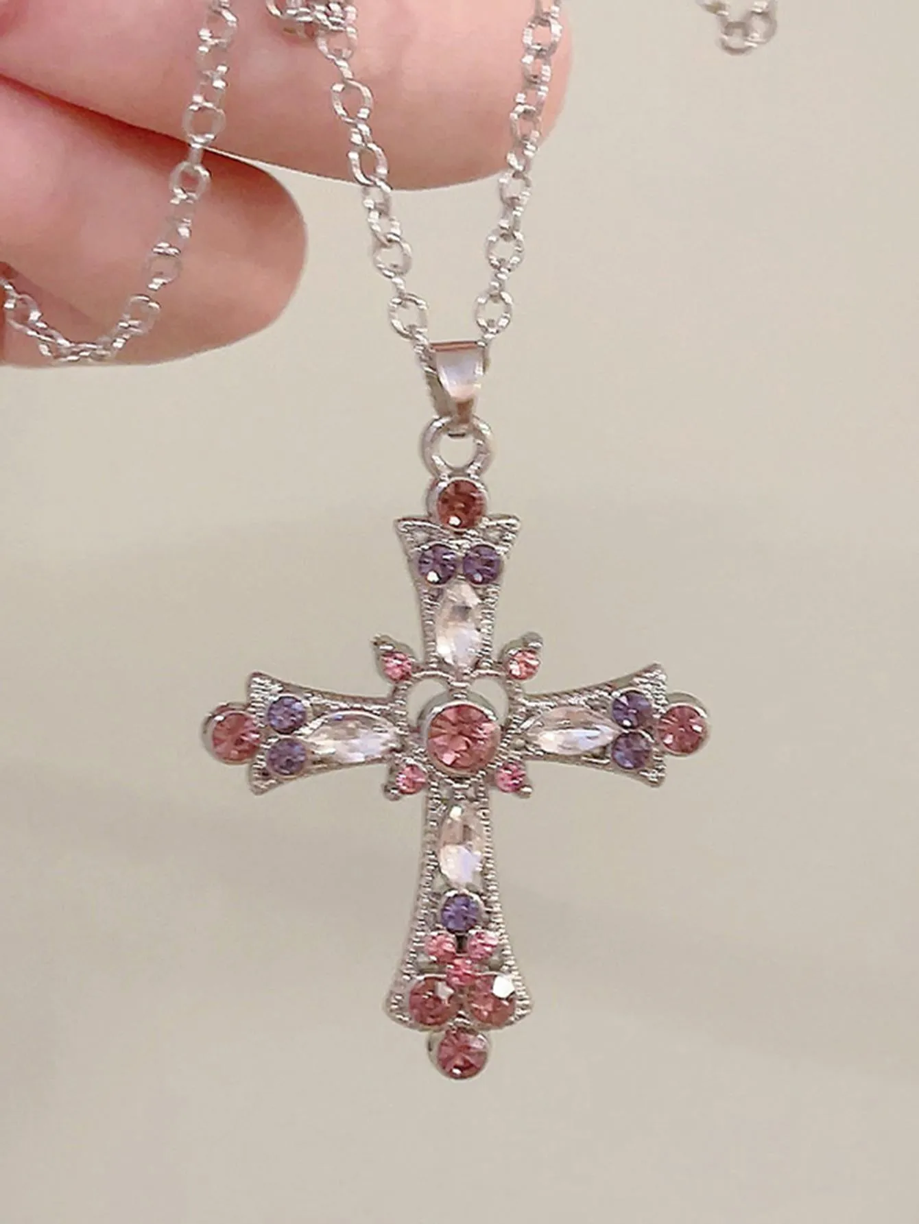 1pc Delicate Cross & Rhinestone Decor Pendant Necklace Religious Necklace Faith