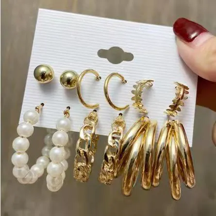 6 Pair Gold Plated Pearl Hoop Earrings Combo Set for Women and Girls