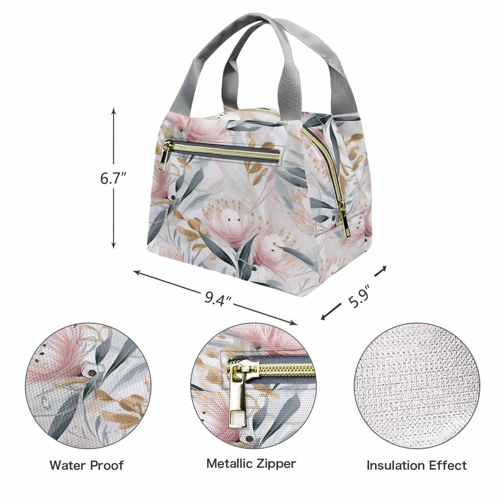 Australian Floral Pink & Grey  Portable Lunch Bag-Grey Handle