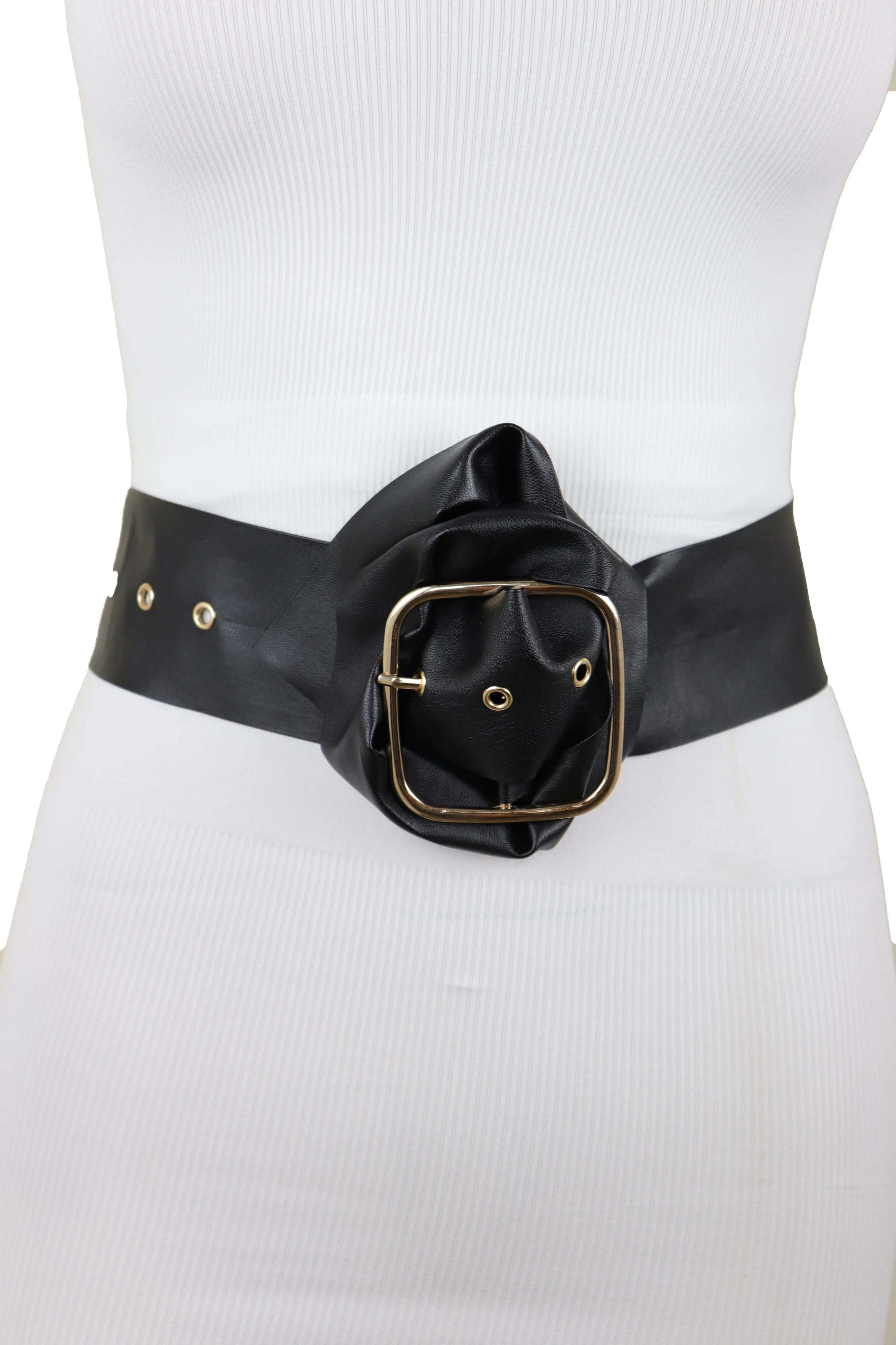 Black Extra Long Fabric Wide Waistband Fashion Belt Gold Metal Buckle XS S