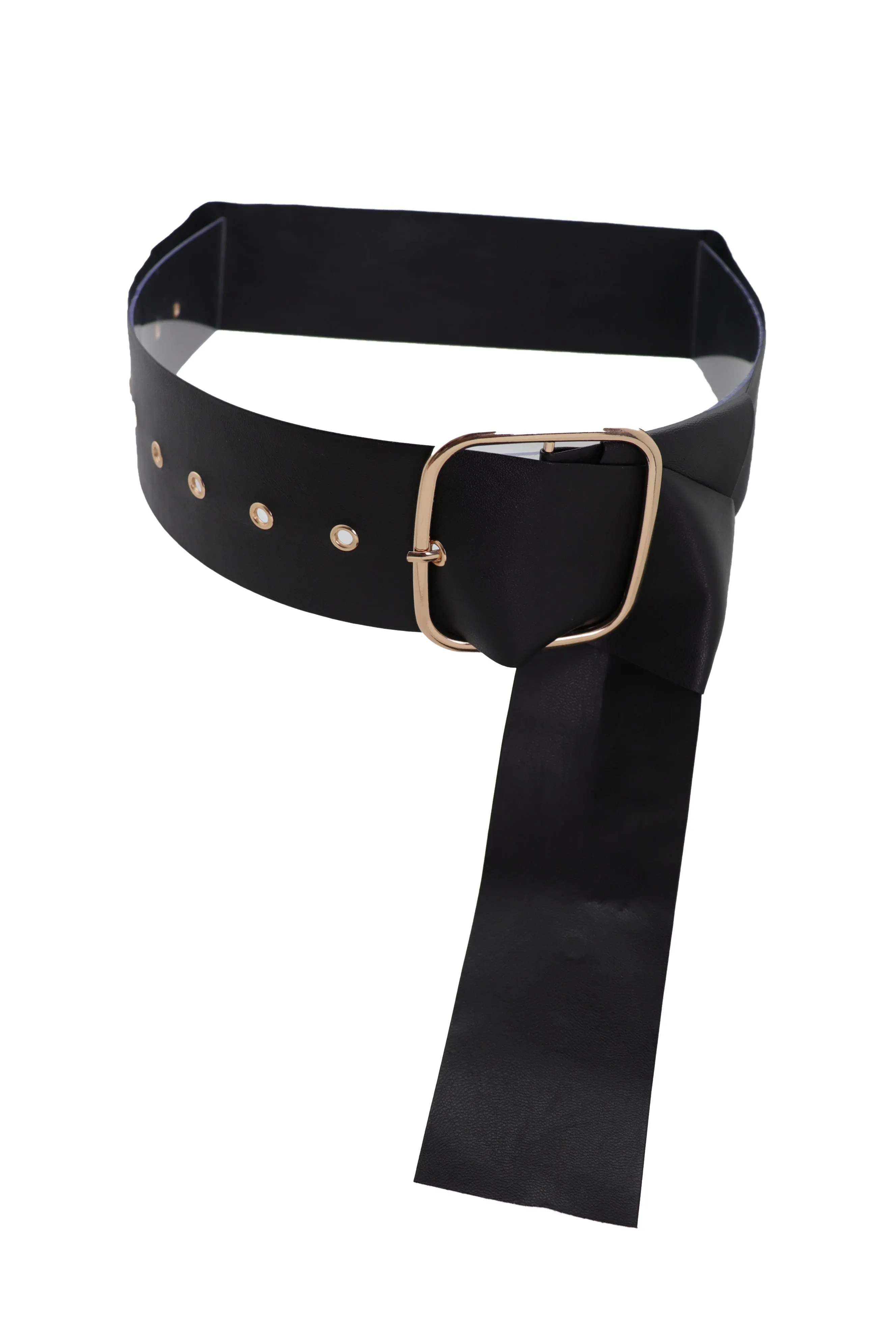 Black Extra Long Fabric Wide Waistband Fashion Belt Gold Metal Buckle XS S