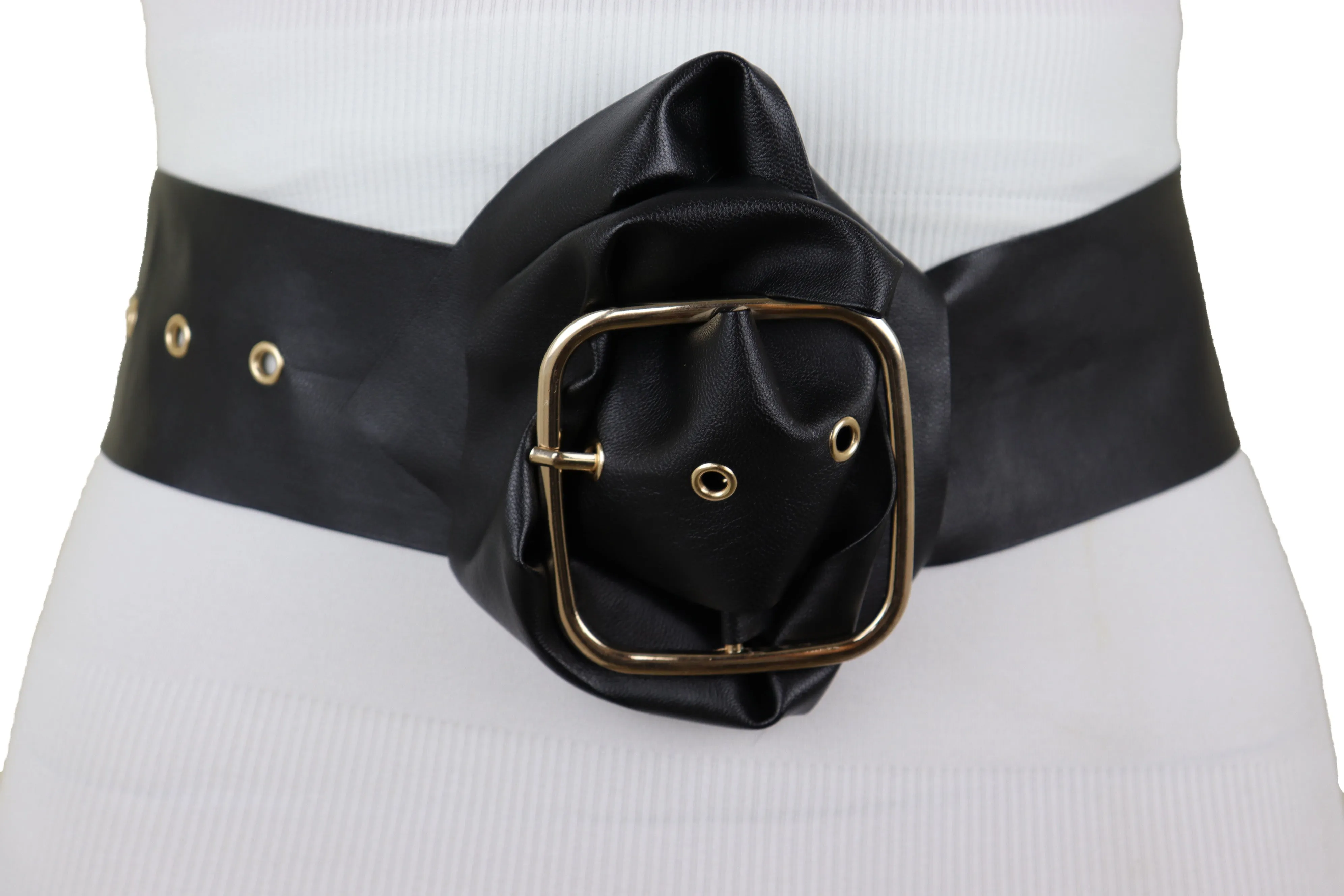 Black Extra Long Fabric Wide Waistband Fashion Belt Gold Metal Buckle XS S