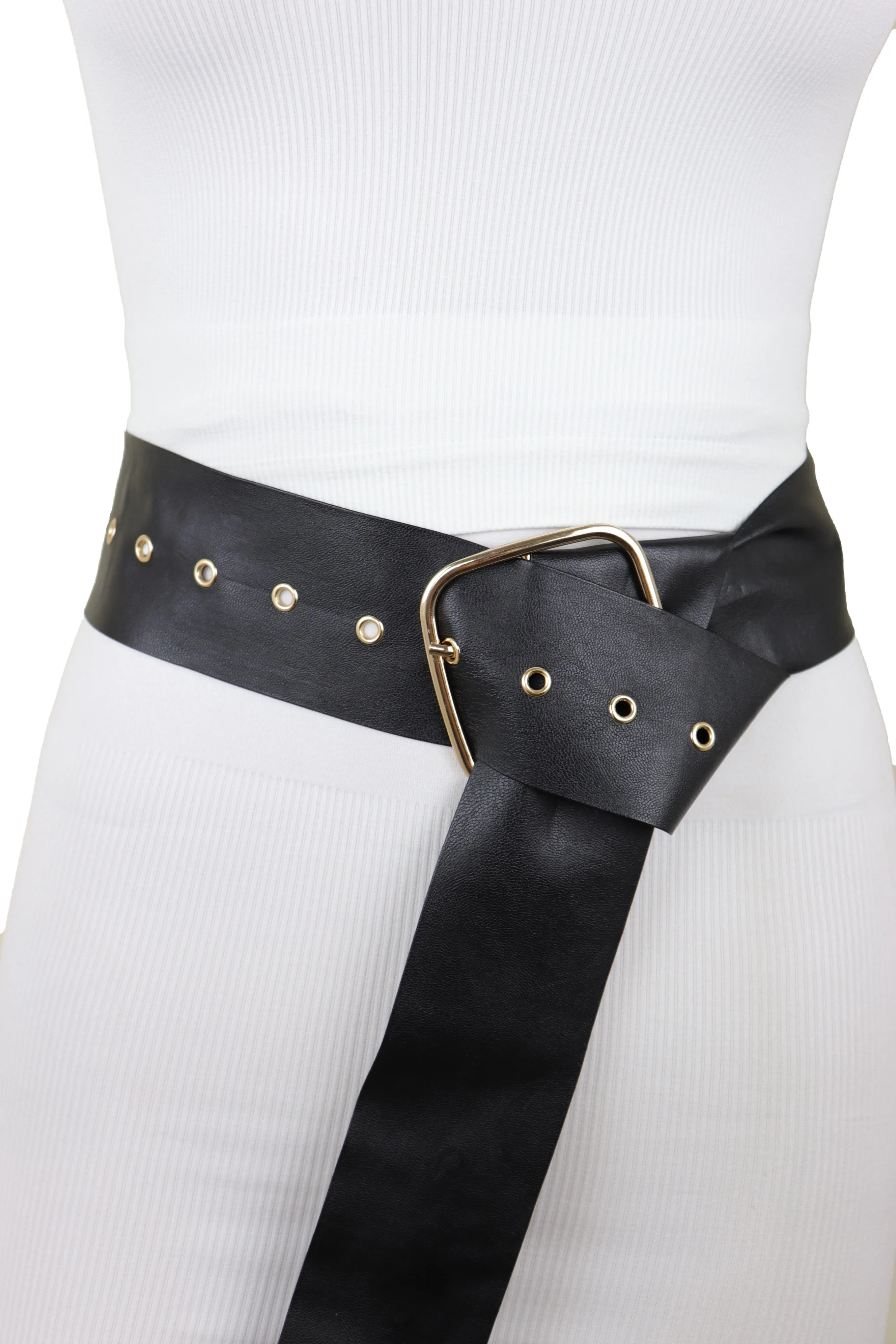 Black Extra Long Fabric Wide Waistband Fashion Belt Gold Metal Buckle XS S