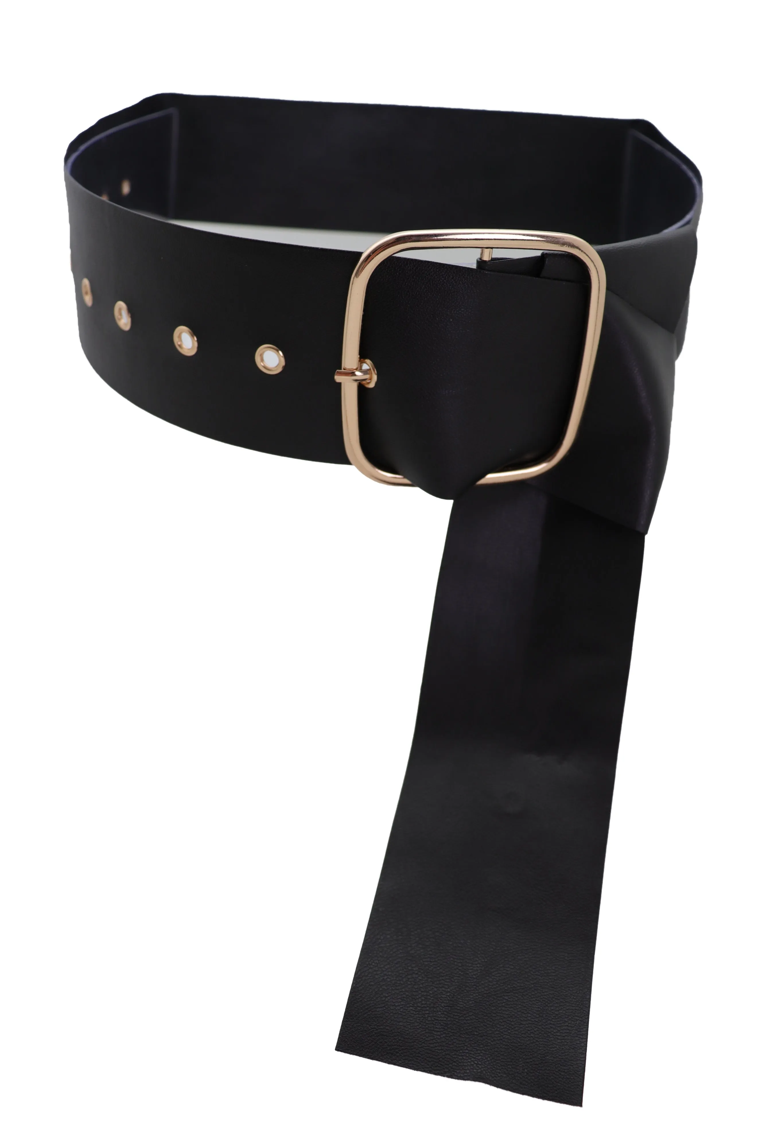 Black Extra Long Fabric Wide Waistband Fashion Belt Gold Metal Buckle XS S