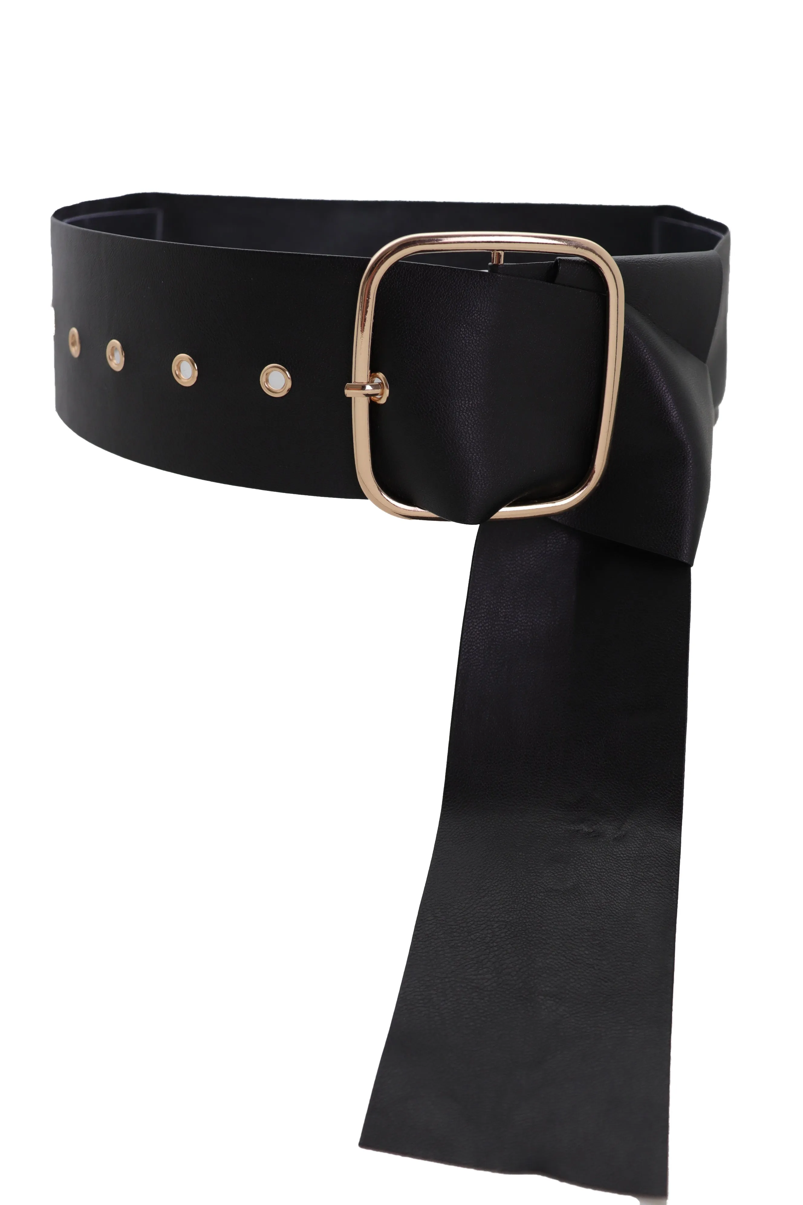 Black Extra Long Fabric Wide Waistband Fashion Belt Gold Metal Buckle XS S