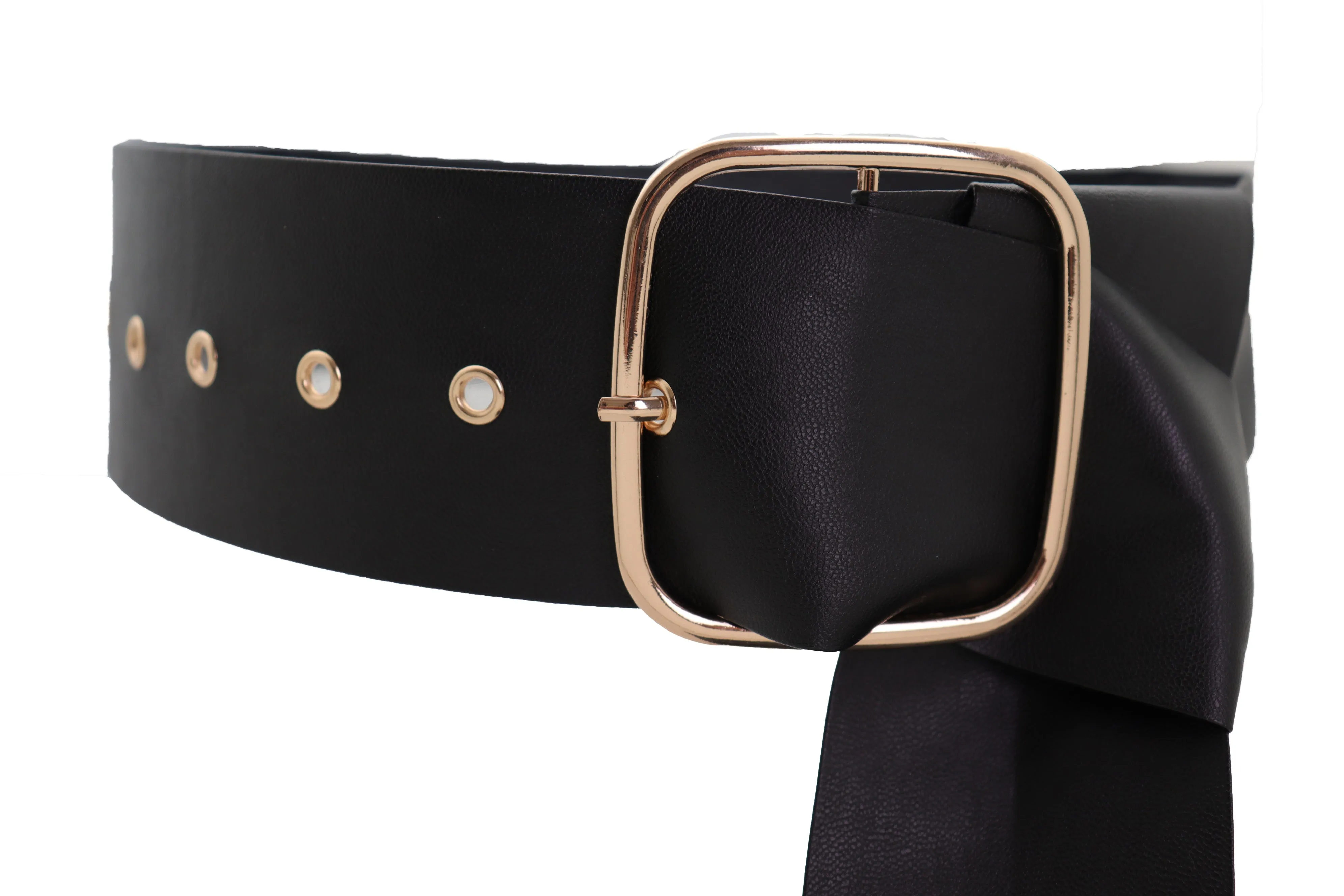 Black Extra Long Fabric Wide Waistband Fashion Belt Gold Metal Buckle XS S