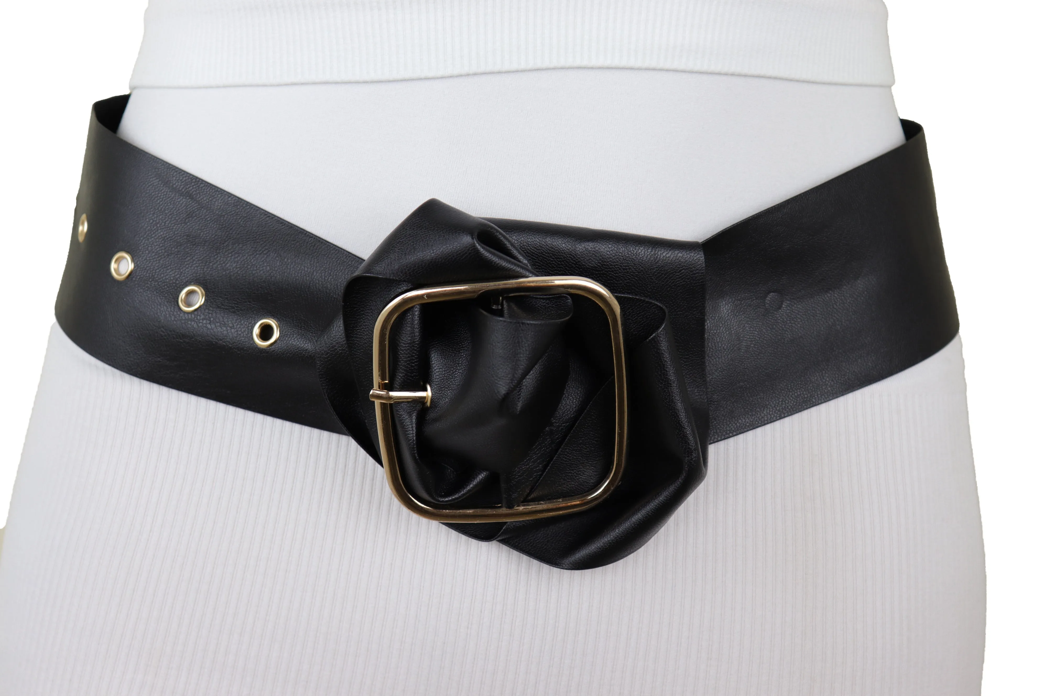 Black Extra Long Fabric Wide Waistband Fashion Belt Gold Metal Buckle XS S