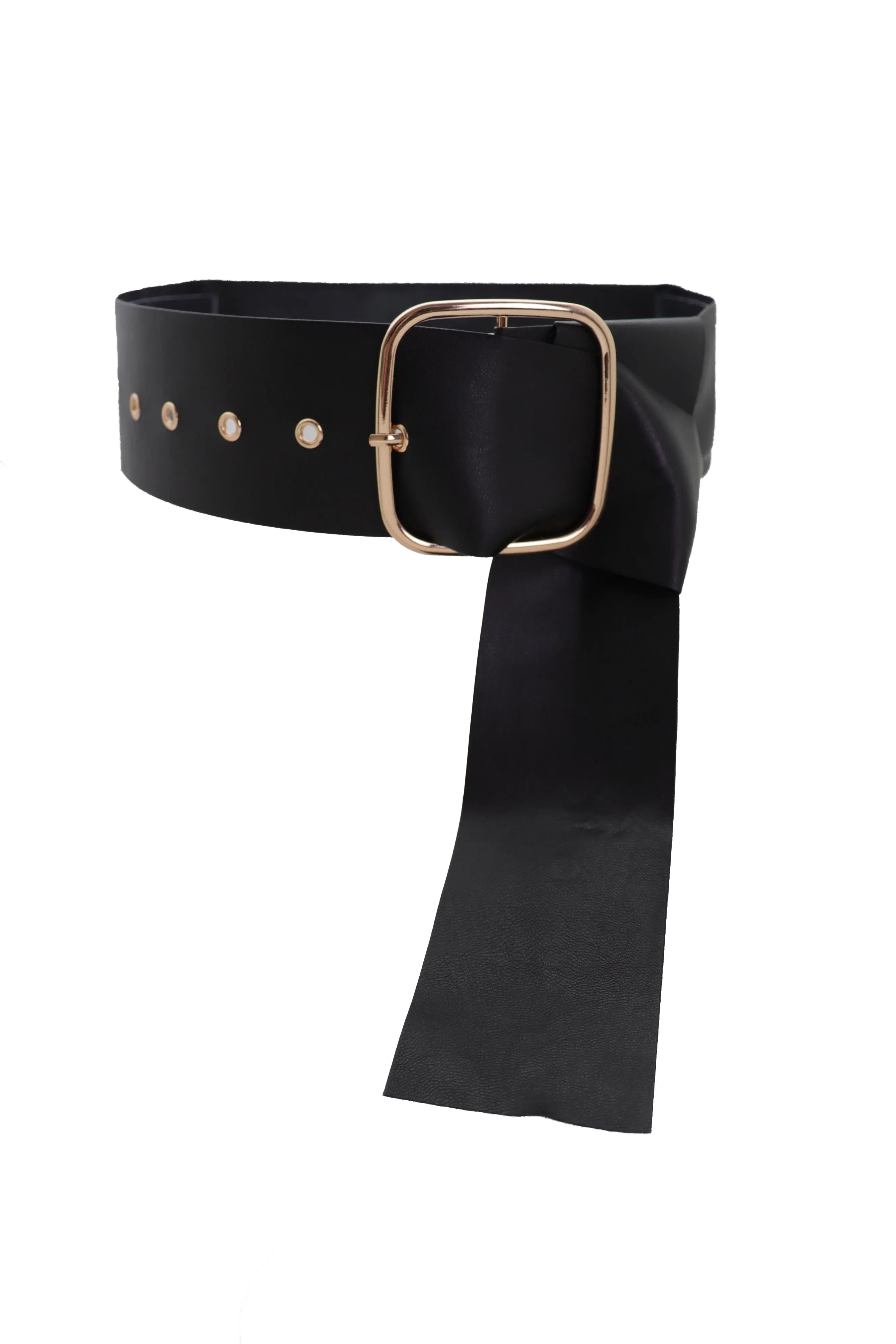 Black Extra Long Fabric Wide Waistband Fashion Belt Gold Metal Buckle XS S