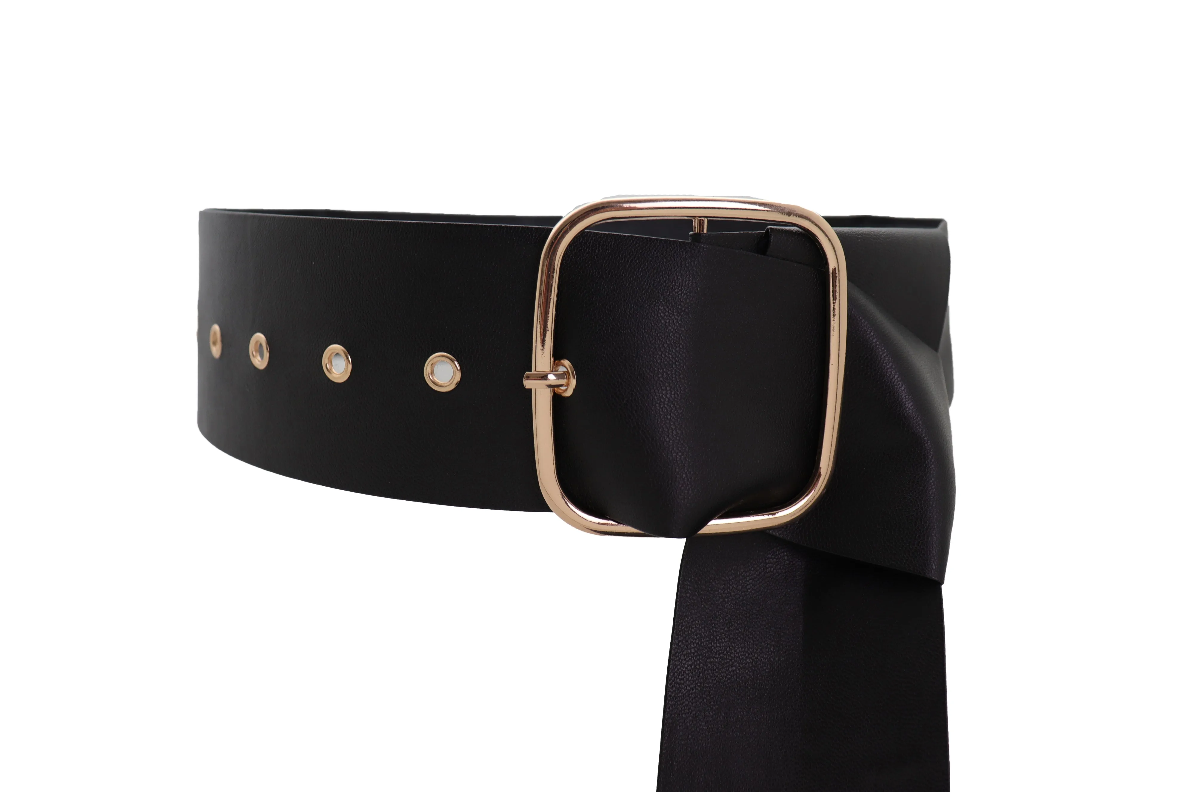 Black Extra Long Fabric Wide Waistband Fashion Belt Gold Metal Buckle XS S