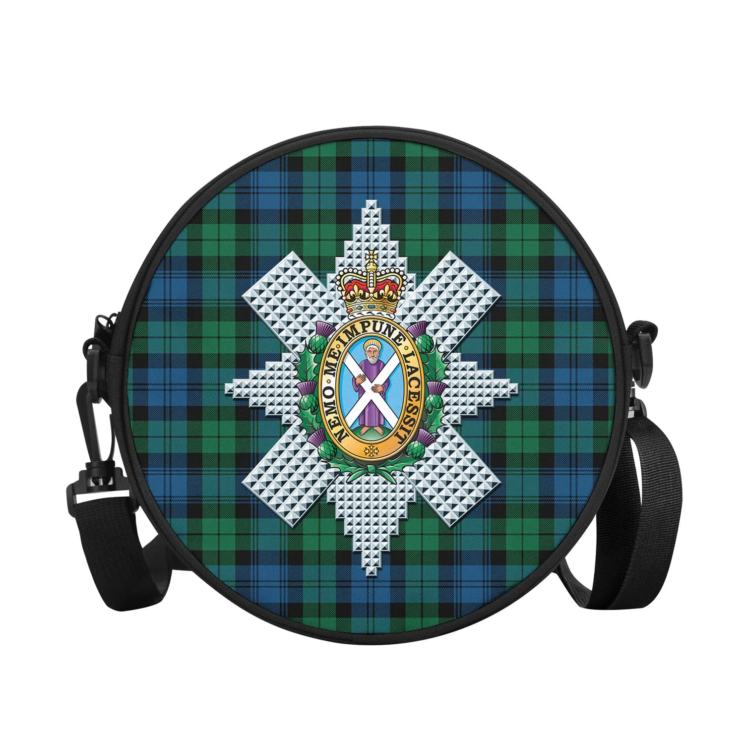 Black Watch Ancient Tartan Round Satchel Bags with Family Crest