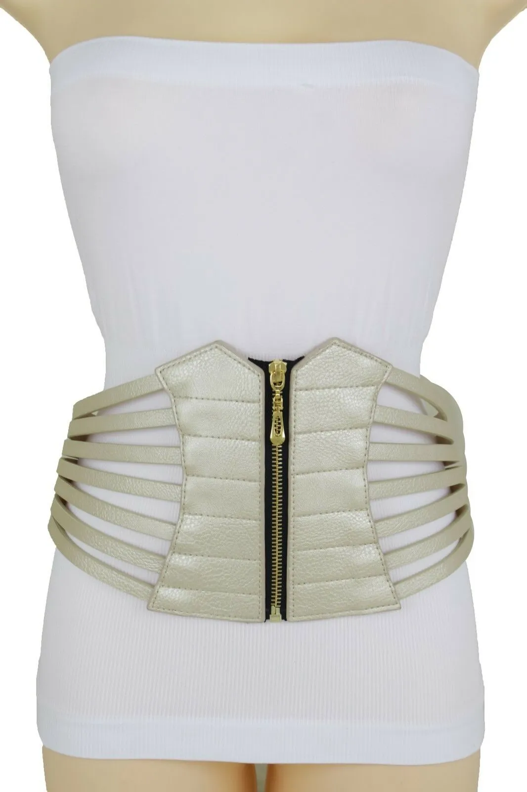 Champagne Corset Belt Fun Women Hip Waist Wide Metallic Gold Faux Leather Elastic L XL XXL