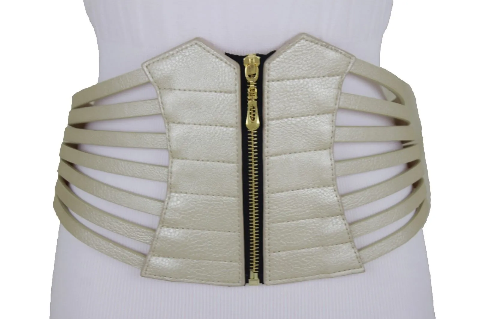 Champagne Corset Belt Fun Women Hip Waist Wide Metallic Gold Faux Leather Elastic L XL XXL