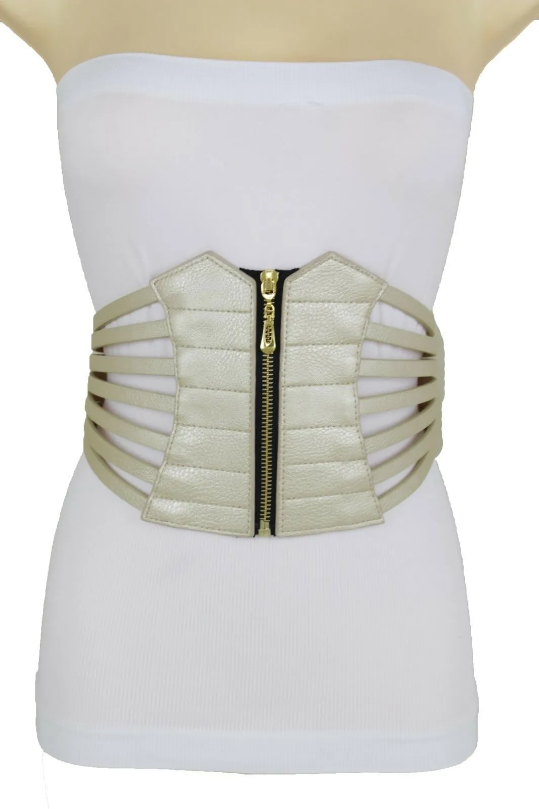 Champagne Corset Belt Fun Women Hip Waist Wide Metallic Gold Faux Leather Elastic L XL XXL