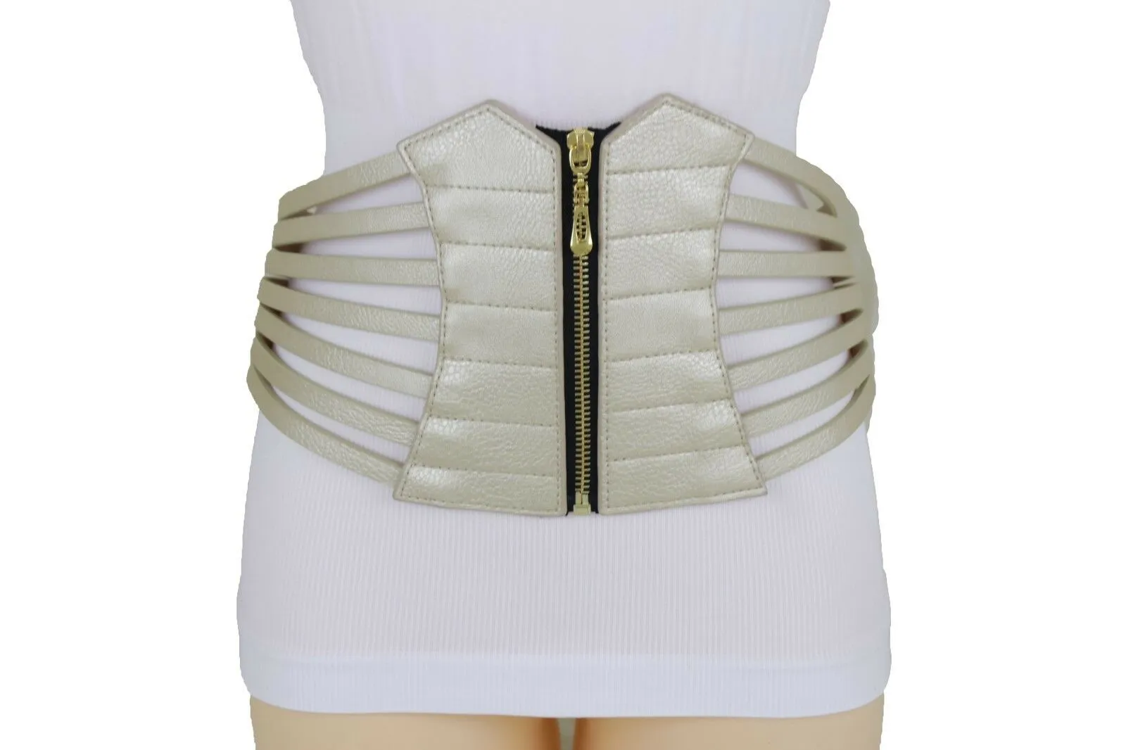 Champagne Corset Belt Fun Women Hip Waist Wide Metallic Gold Faux Leather Elastic L XL XXL