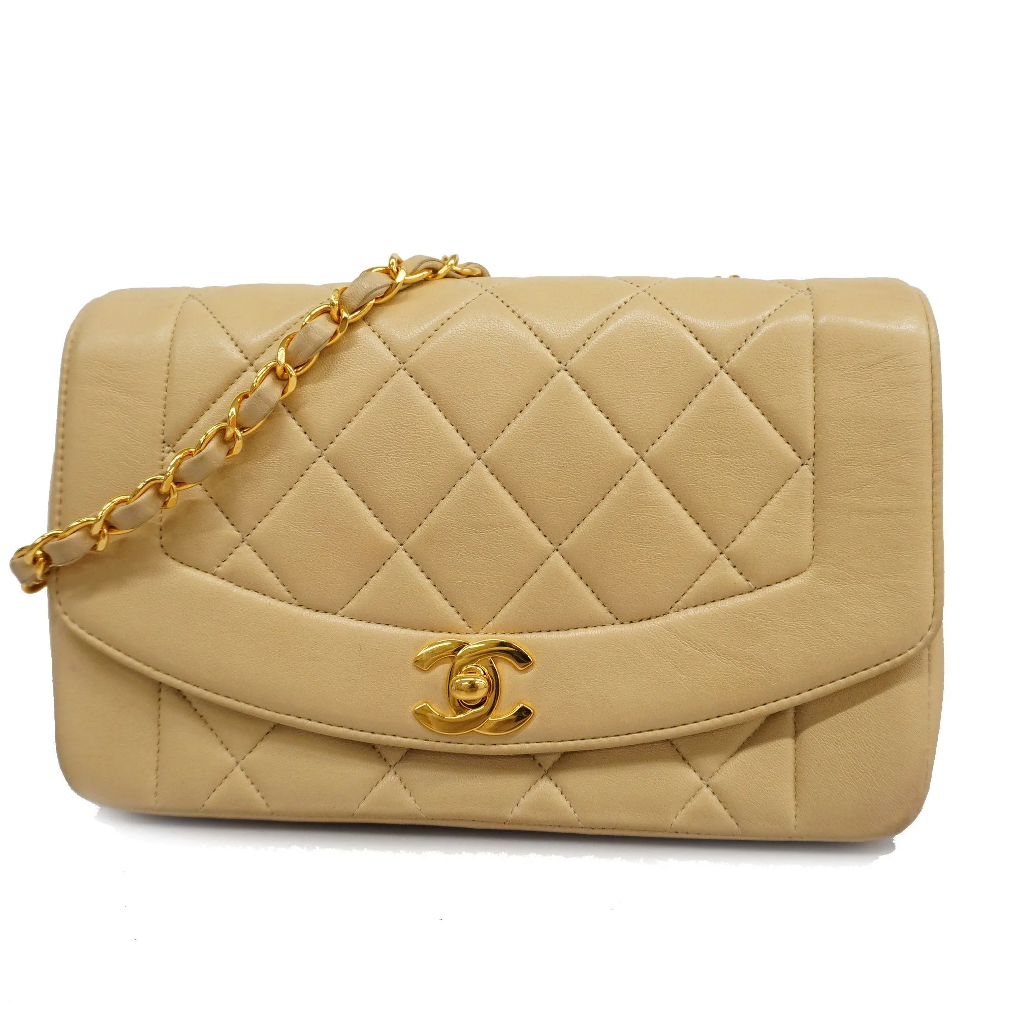 CHANEL  Matelasse Diana Flap Single Chain Women's Leather Shoulder Bag Beige