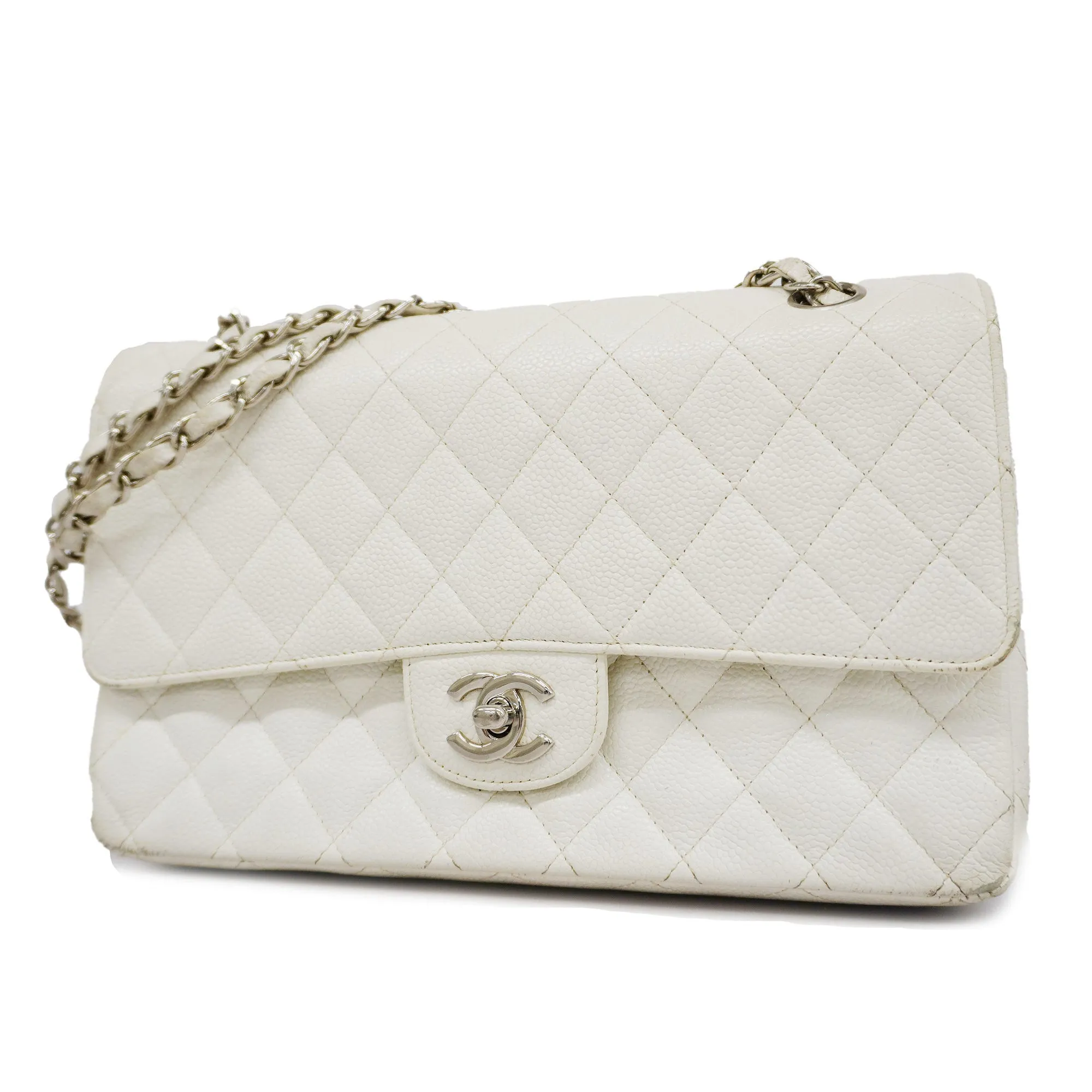 CHANEL  Matelasse W Flap W Chain Women's Caviar Leather Shoulder Bag White