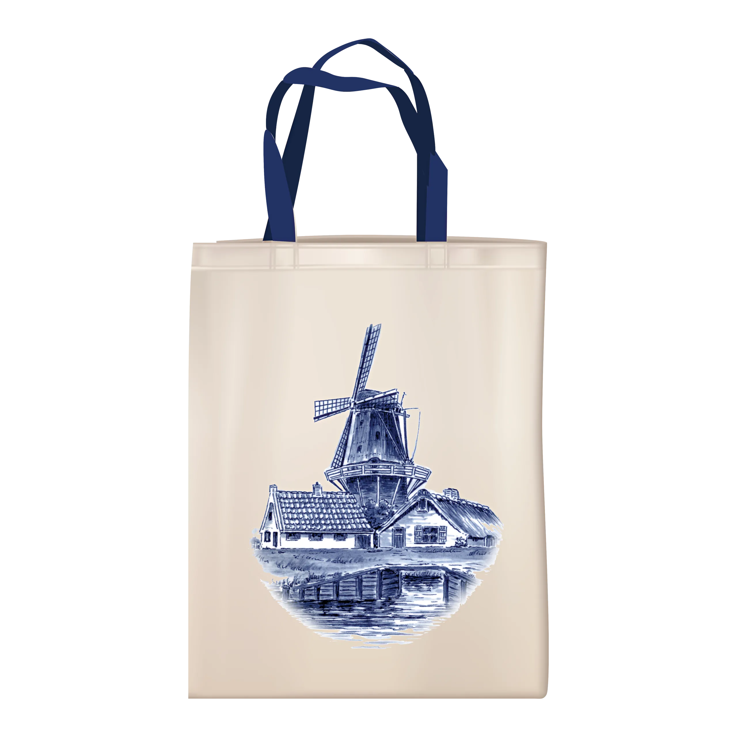 Cloth Tote Bag With Blue Windmill Artwork