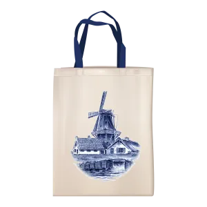 Cloth Tote Bag With Blue Windmill Artwork