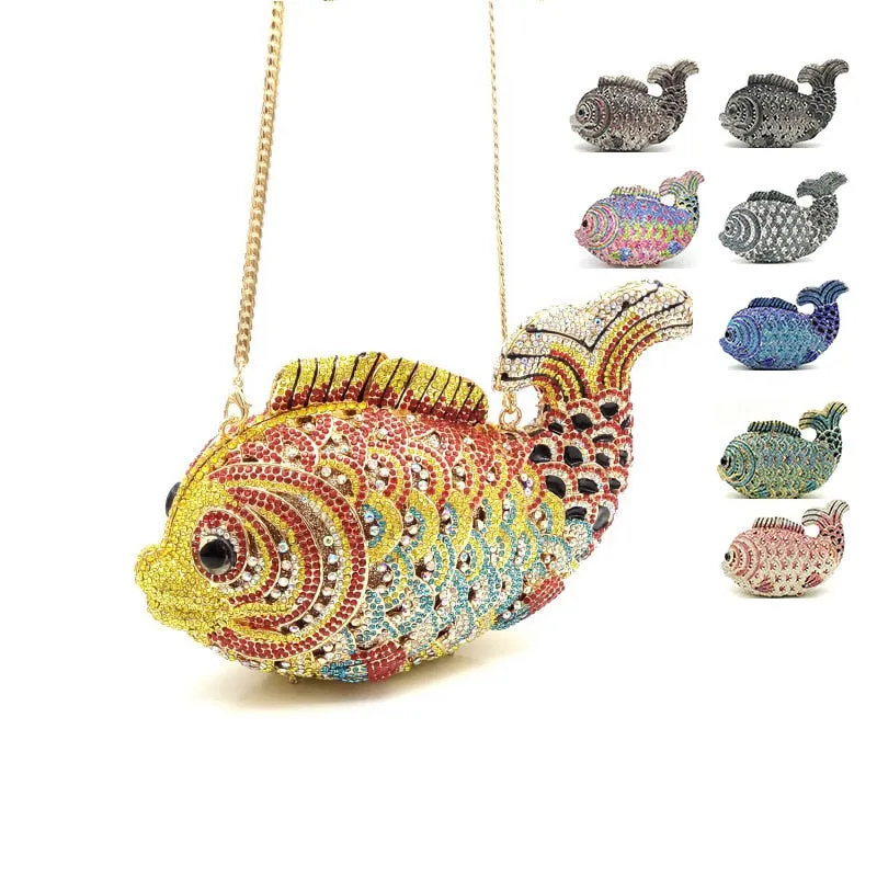 Colorful Diamonds Luxury Crystal Fish Clutch Party Purse Handbag