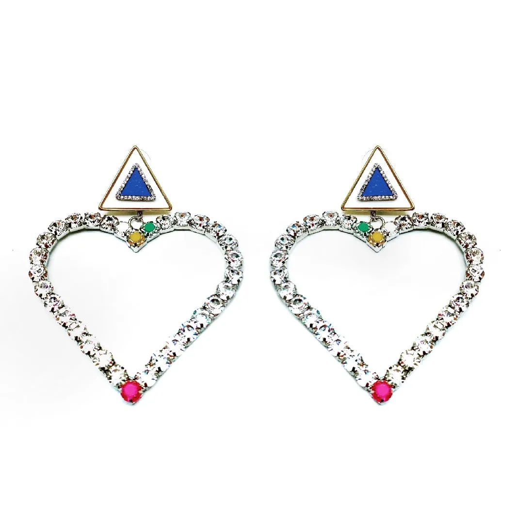 CRYSTAL EMBELLISHED DETACHABLE HEART CHARM TRIANGULAR STUD EARRINGS