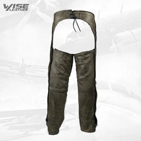 Distressed Brown Premium Leather Motorcycle Chaps with Pockets