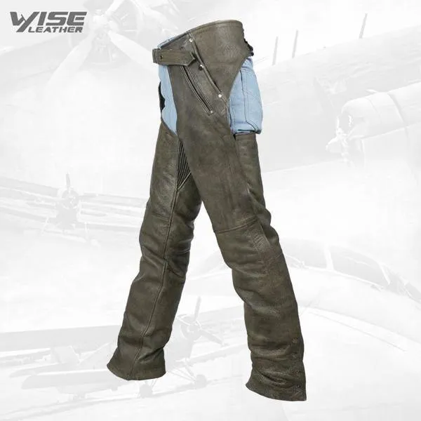 Distressed Brown Premium Leather Motorcycle Chaps with Pockets