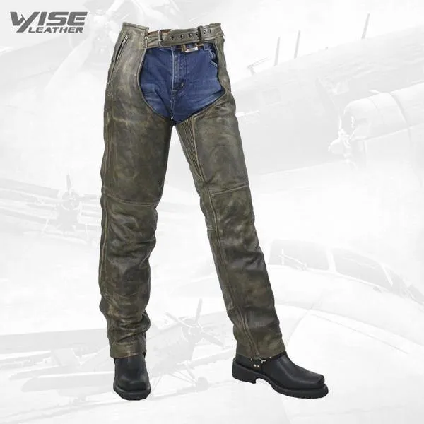 Distressed Brown Premium Leather Motorcycle Chaps with Pockets