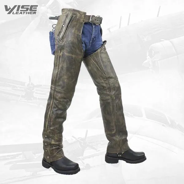 Distressed Brown Premium Leather Motorcycle Chaps with Pockets