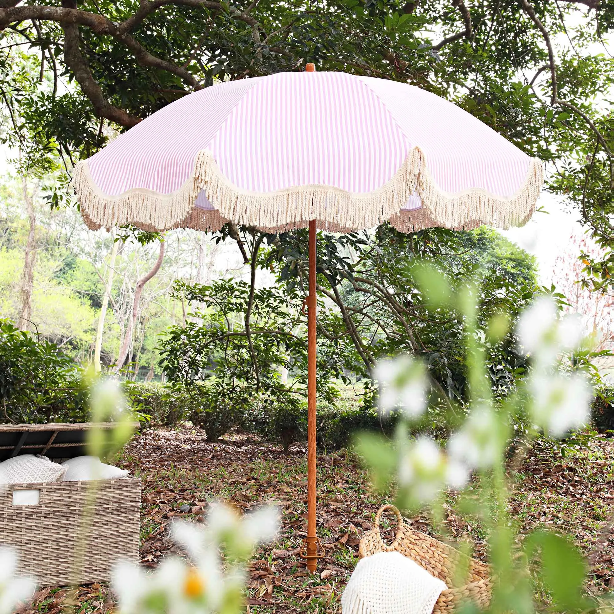 Gabriel Pink and White Striped Fringed Parasol with Tilt