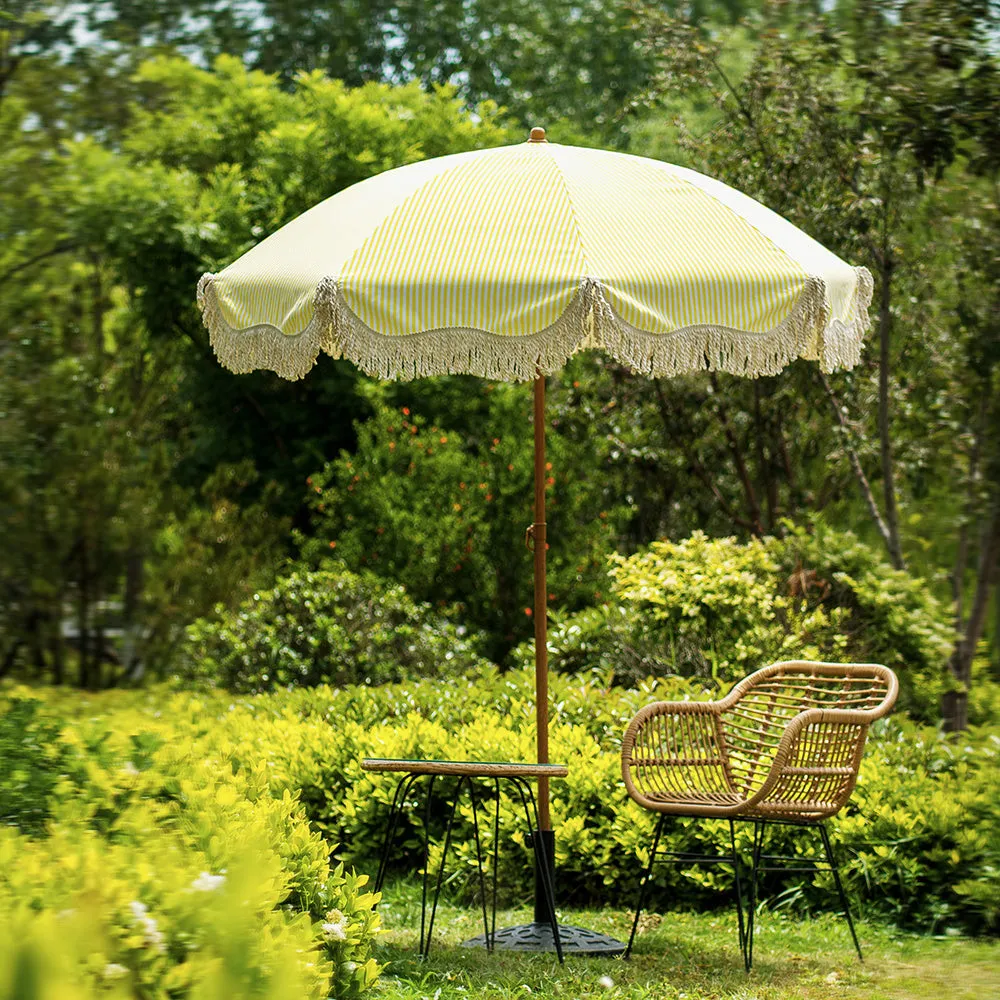 Gabriel Yellow and White Striped Fringed Parasol with Tilt