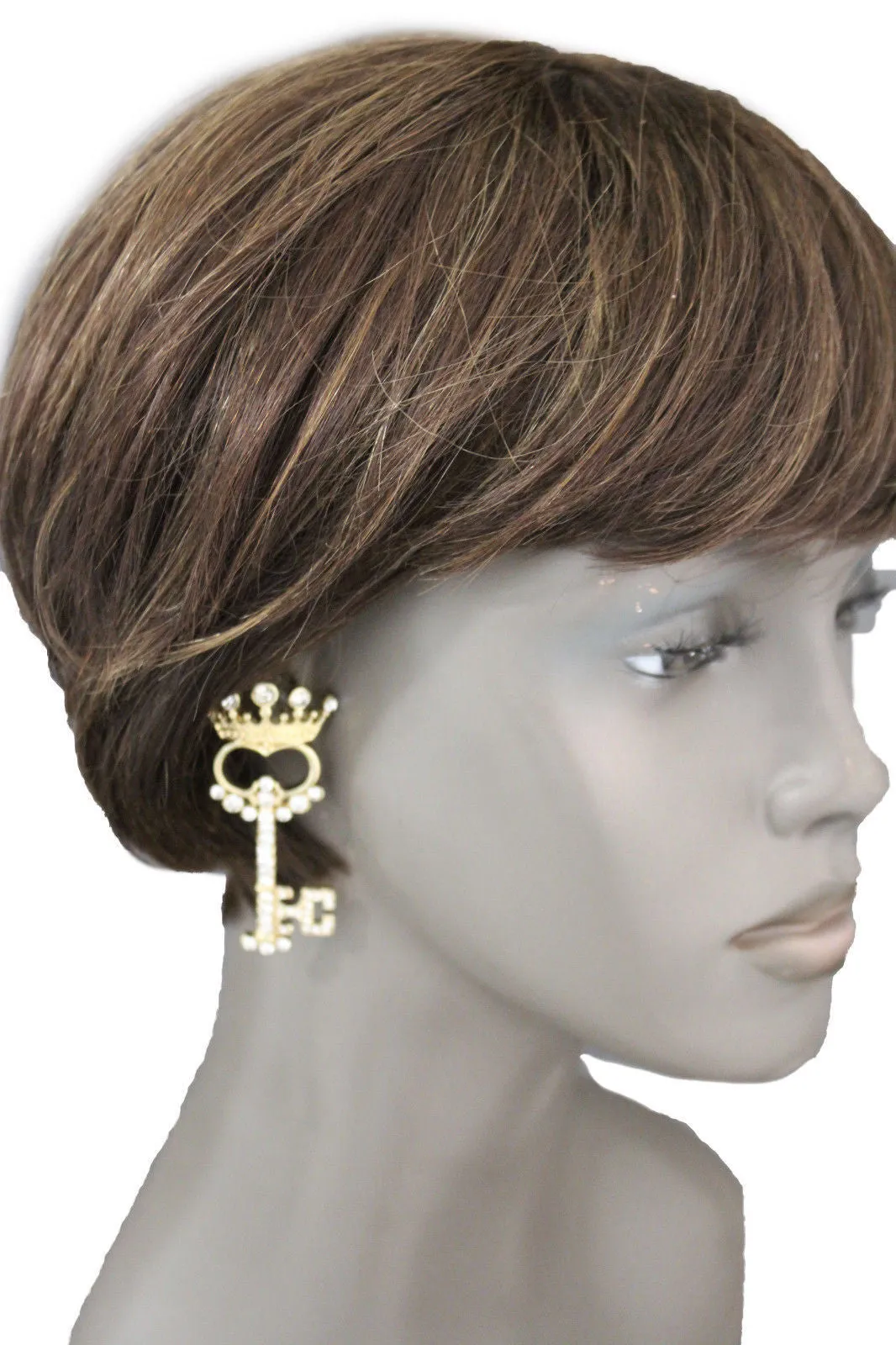 Gold Metal Key Queen Crown King Silver Beads Charm Earrings Set