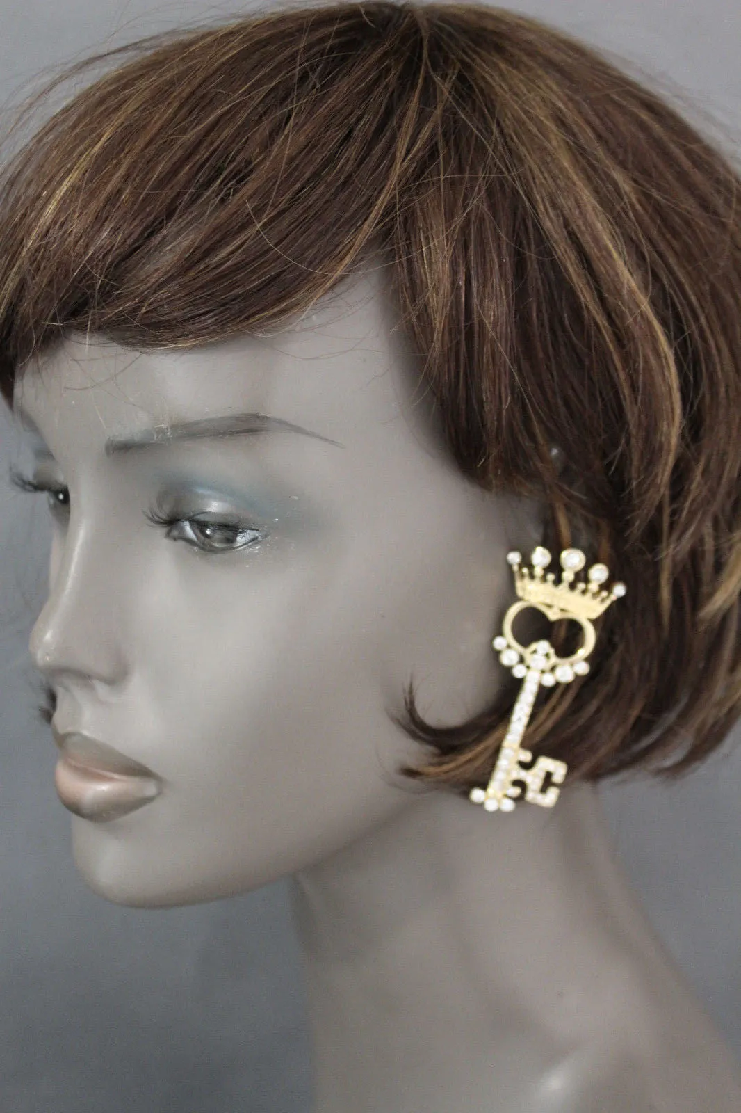 Gold Metal Key Queen Crown King Silver Beads Charm Earrings Set