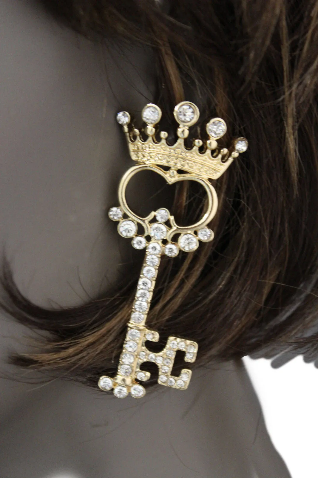 Gold Metal Key Queen Crown King Silver Beads Charm Earrings Set