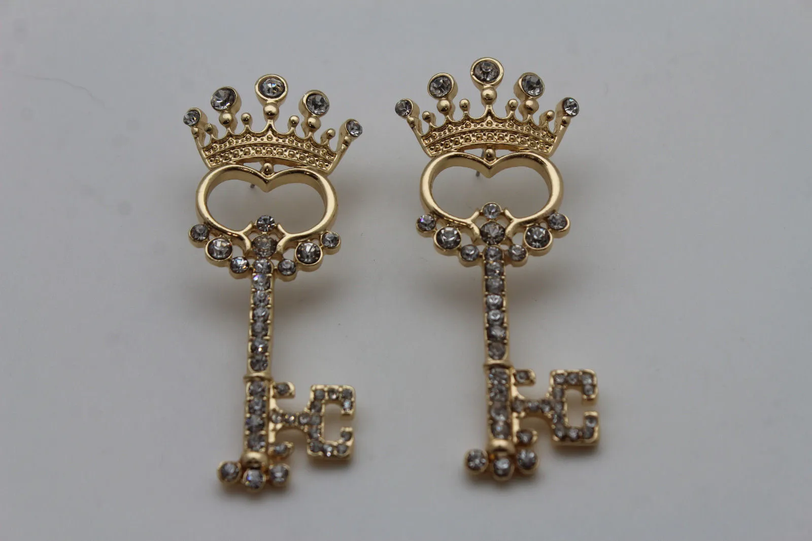 Gold Metal Key Queen Crown King Silver Beads Charm Earrings Set