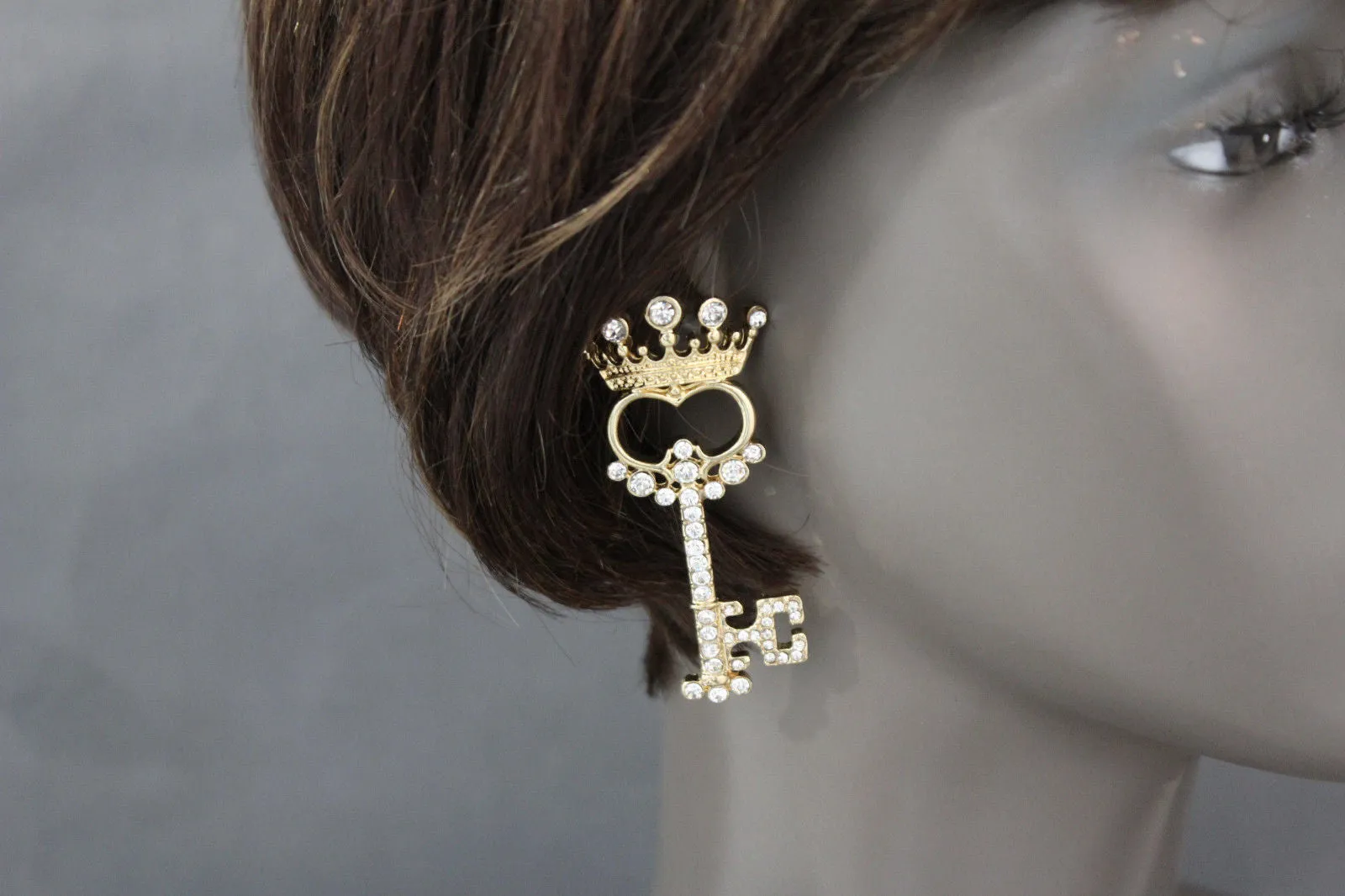 Gold Metal Key Queen Crown King Silver Beads Charm Earrings Set