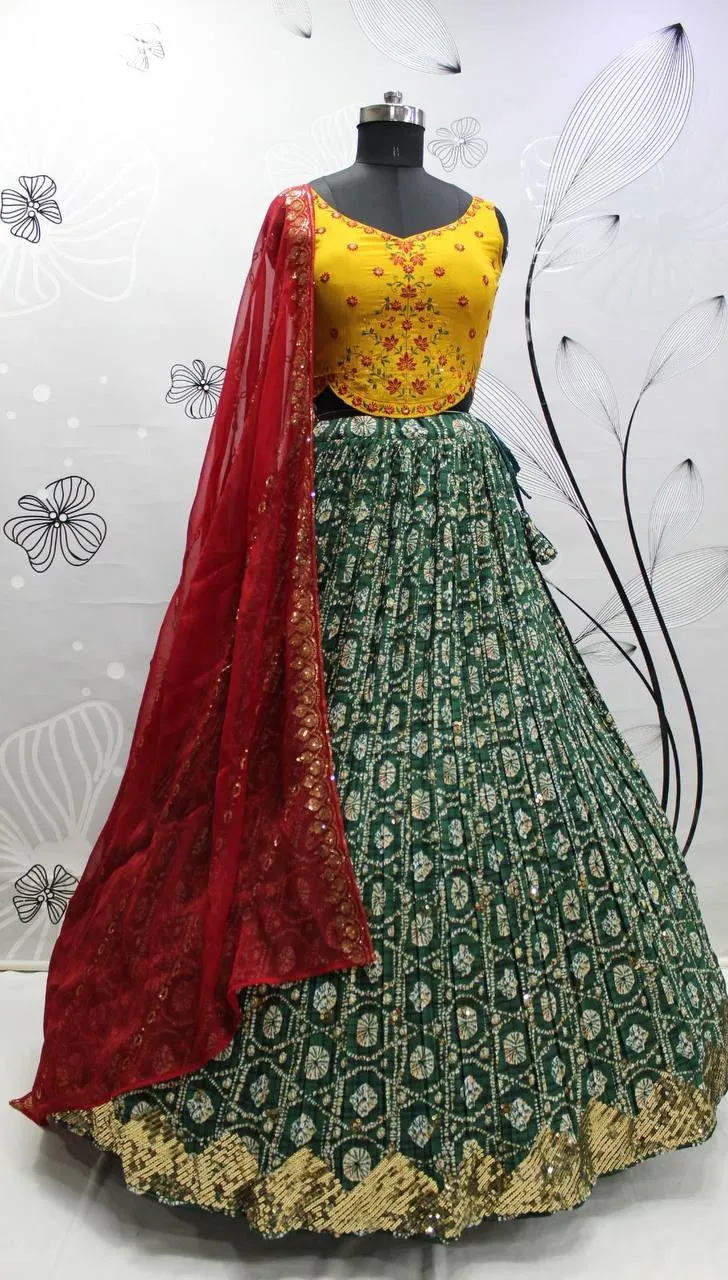 Green Art Silk Sequins Embroidery Lehenga Choli