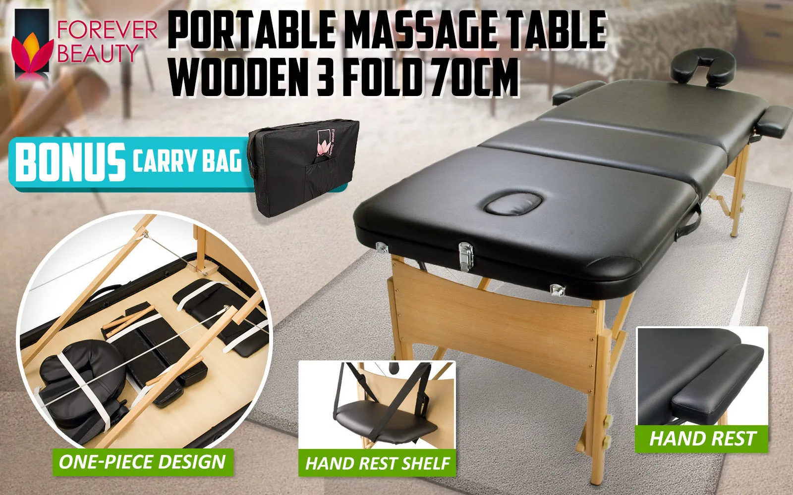 High Density Foam Wooden Massage Table 70cm 3 Fold Black