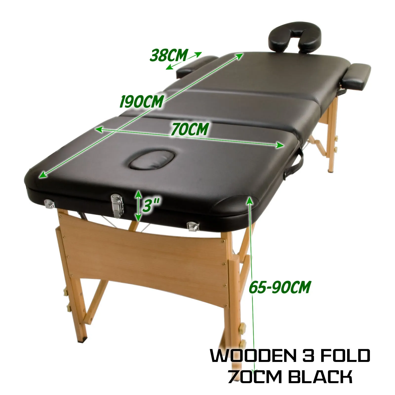 High Density Foam Wooden Massage Table 70cm 3 Fold Black