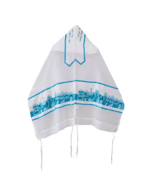 Jerusalem Name and Landscape in Turquoise Silk shades, Bat Mitzvah Tallit, Girl's Tallit, Tallit for Women