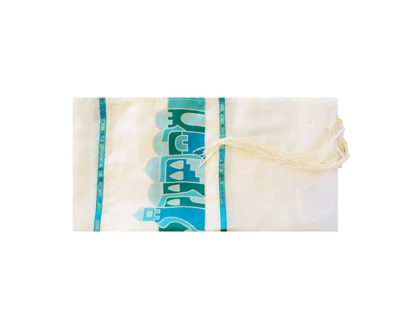 Jerusalem Name and Landscape in Turquoise Silk shades, Bat Mitzvah Tallit, Girl's Tallit, Tallit for Women