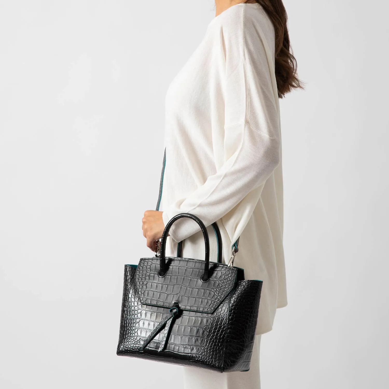 Loren Midi Leather Tote Bag - Black Croc Print