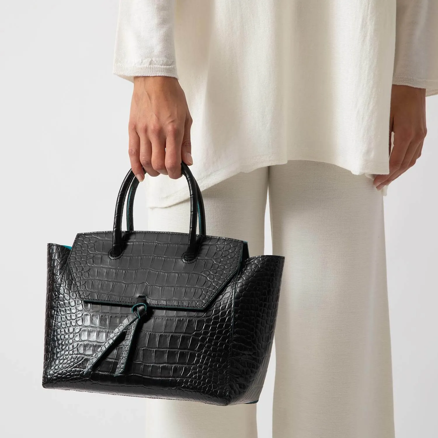 Loren Midi Leather Tote Bag - Black Croc Print