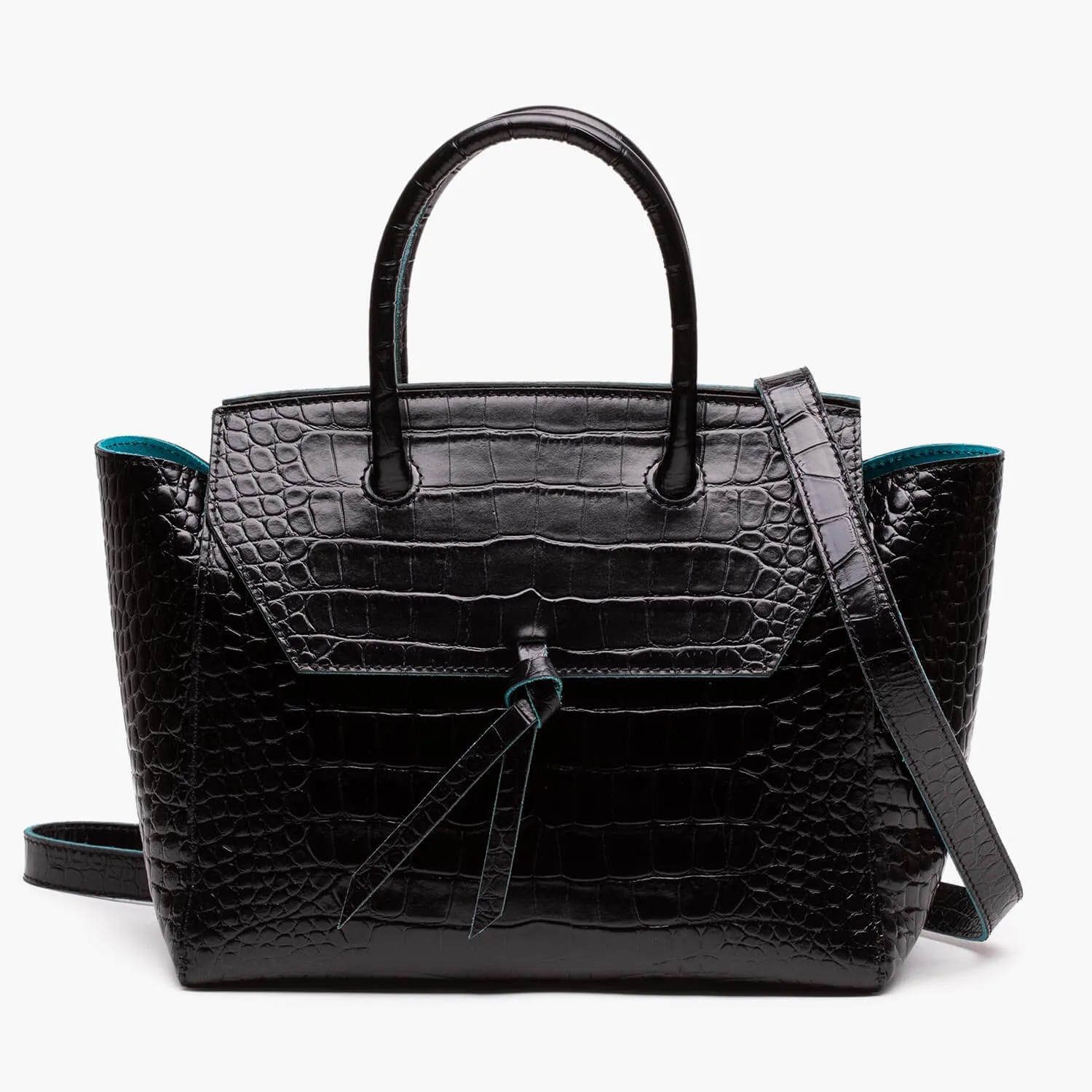 Loren Midi Leather Tote Bag - Black Croc Print