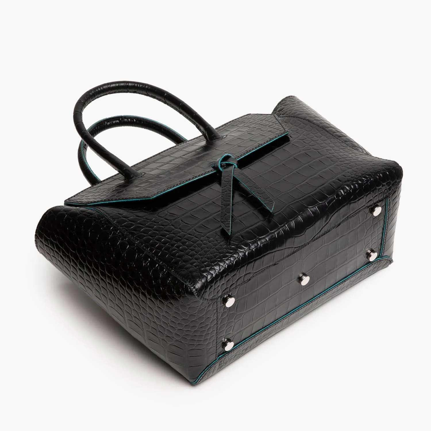 Loren Midi Leather Tote Bag - Black Croc Print