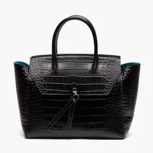 Loren Midi Leather Tote Bag - Black Croc Print