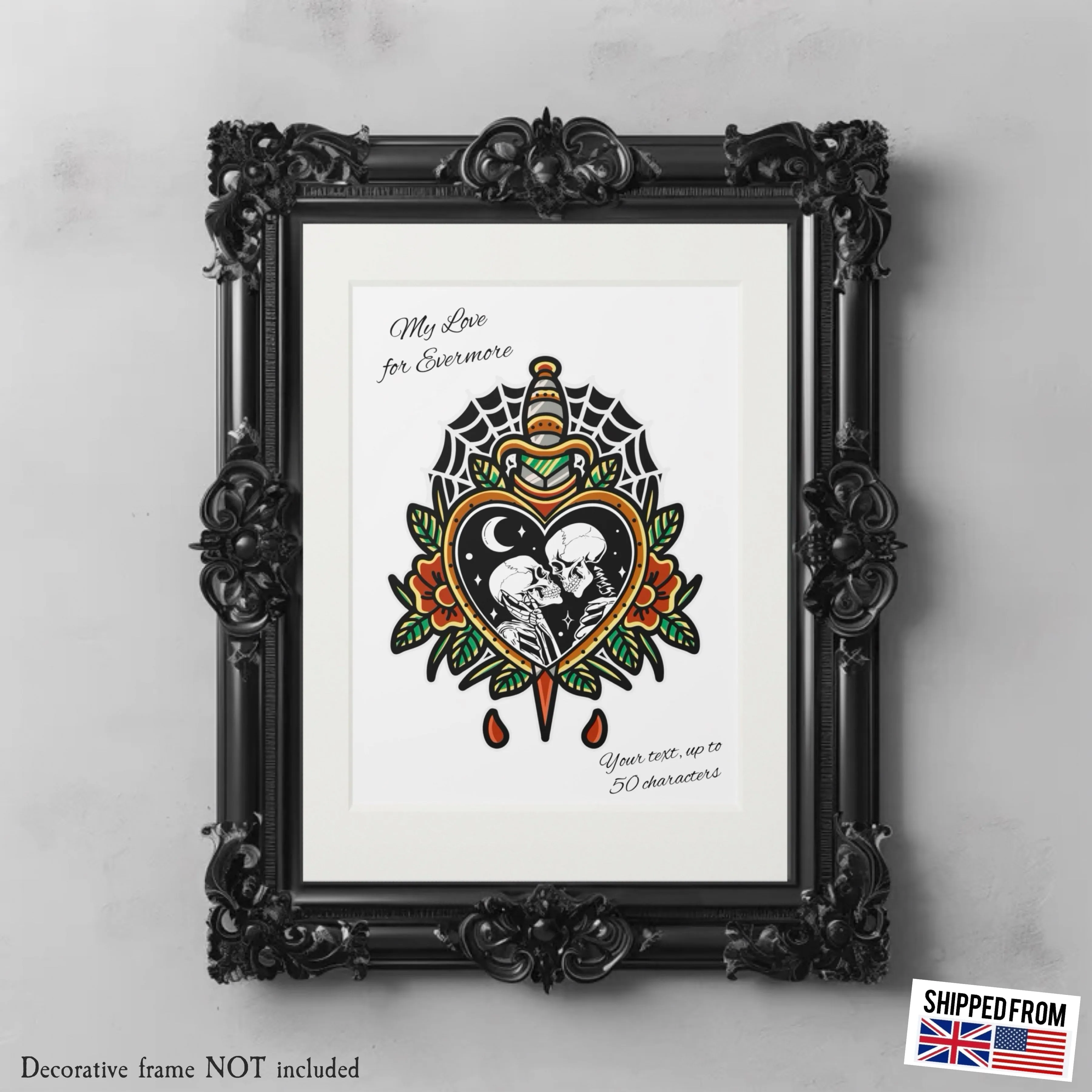 Personalised Fine Art Print, Skull Love, custom names or text