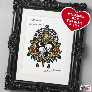 Personalised Fine Art Print, Skull Love, custom names or text