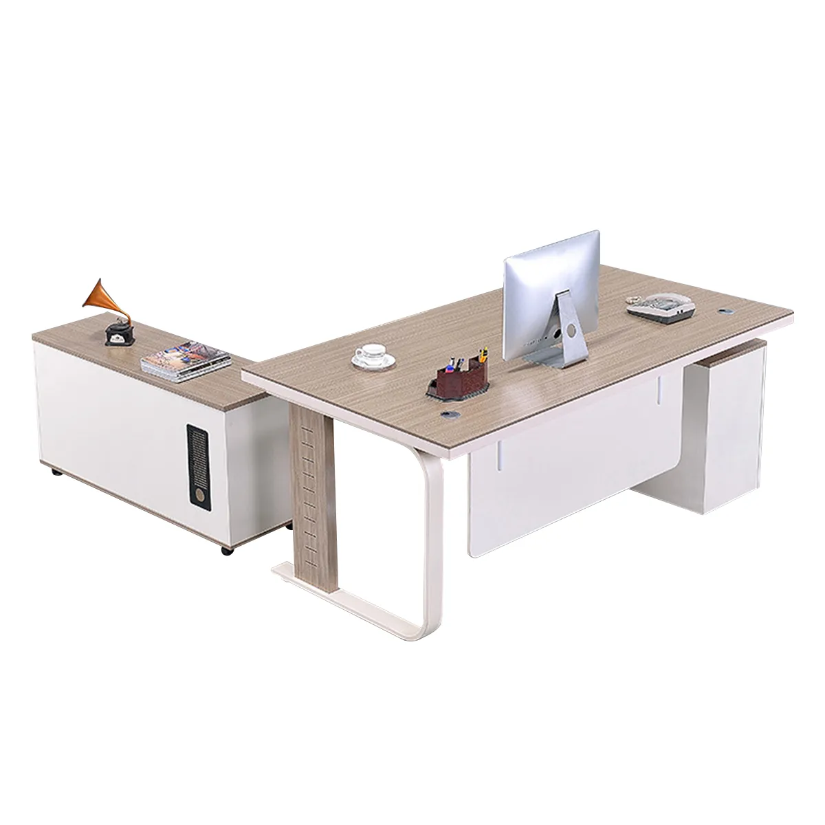 Practical Minimalist Two-Tone Executive Desk with Large Side Cabinet Design