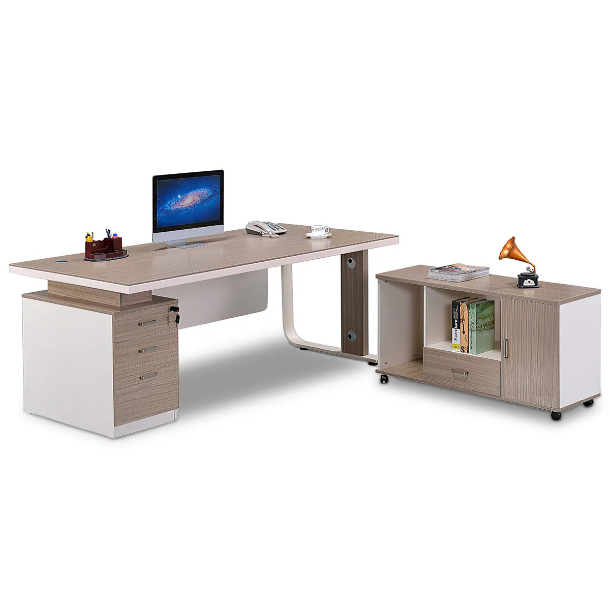 Practical Minimalist Two-Tone Executive Desk with Large Side Cabinet Design